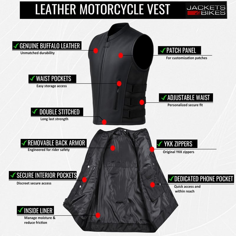 Jackets 4 Bikes New Men's Motorcycle Real Buffalo Leather Vest Adjustable Stylish w/CE Armor, Large Back Panel Biker Cruiser Touring Club Riding Vests for Men Black L - Image 5